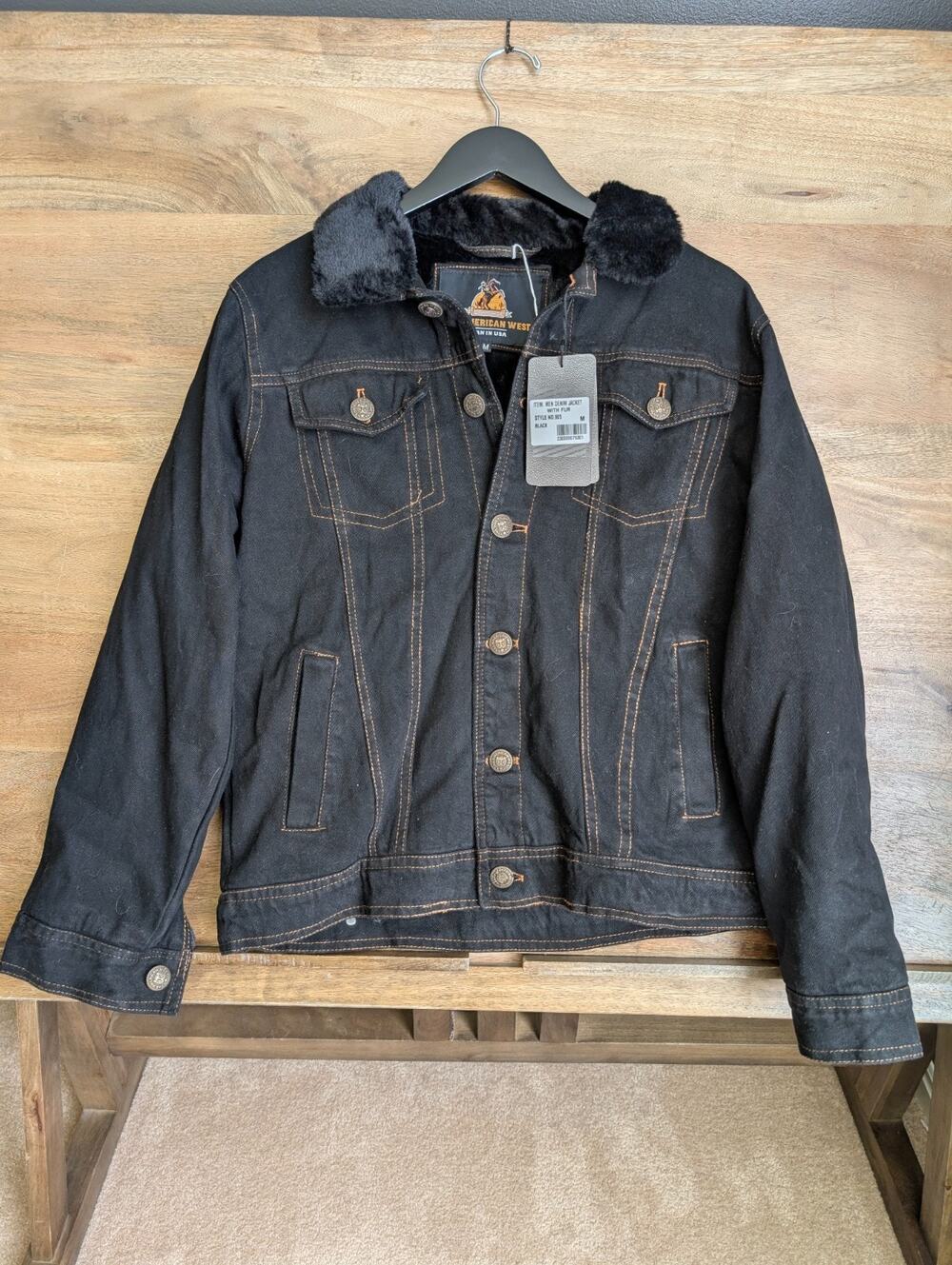 The American West Denim Jacket Mens M Black Pockets Fur Collared Button Up NWT